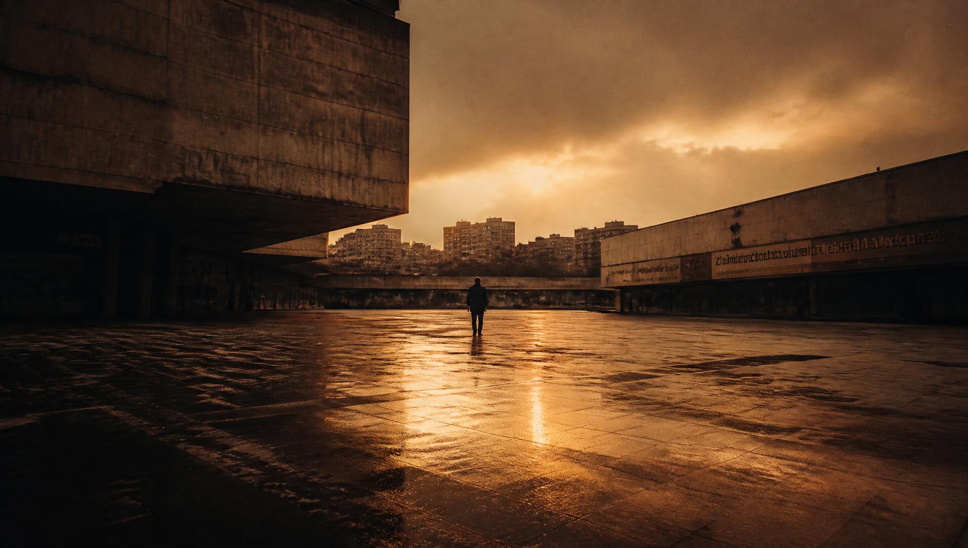 Lone figure crossing a brutalist plaza at dusk